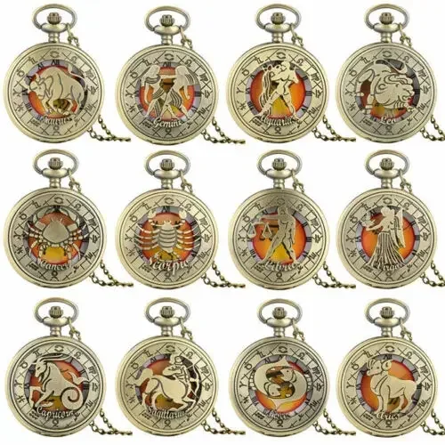 Antique Hollow Twelve Constellation Roman Number Dial Women Men Bronze Quartz Pocket Watch Necklace Sweater Chain Birthday Gift