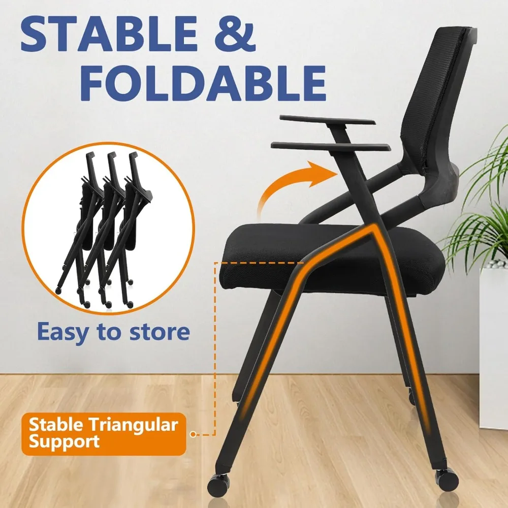 كراسي غرفة اجتماعات قابلة للتكديس وقابلة للطي مع عجلات، كرسي مكتب مبطن محمول مع دعم قطني ومسند للذراعين #6