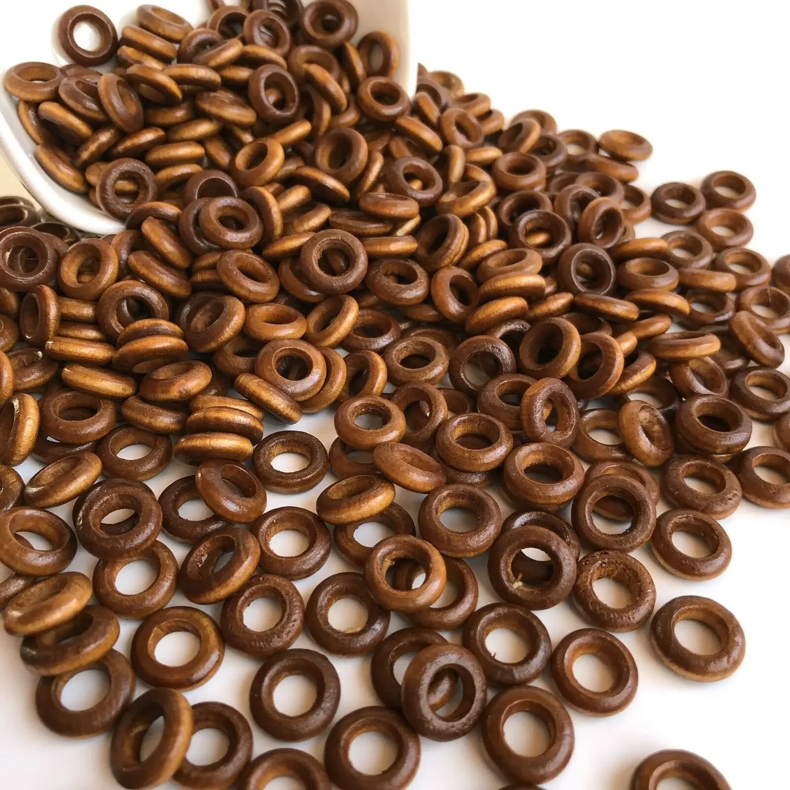 100Pcs Round Honey Brown Wood Ring Beads 12mm Donut Shape Wooden DIY Craft Links