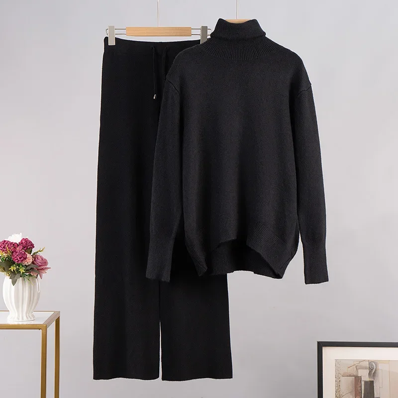 Solid color turtleneck sweater + wide-leg pants knitted two-piece set 2024 winter versatile loose sweater set