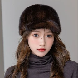 Winter High Quality Real Mink Fur Bomber Hat For Women Black Tag Ear Warm Chapeau Driving Cap
