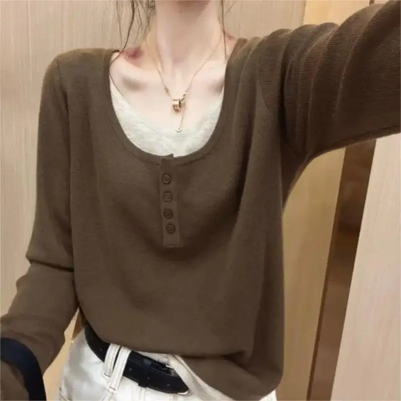 Lazy Blocked Fake Two-piece Round Neck Long Sleeved T-shirt for Women's Autumn New Temperament Front Shoulder Slim Base Shirt