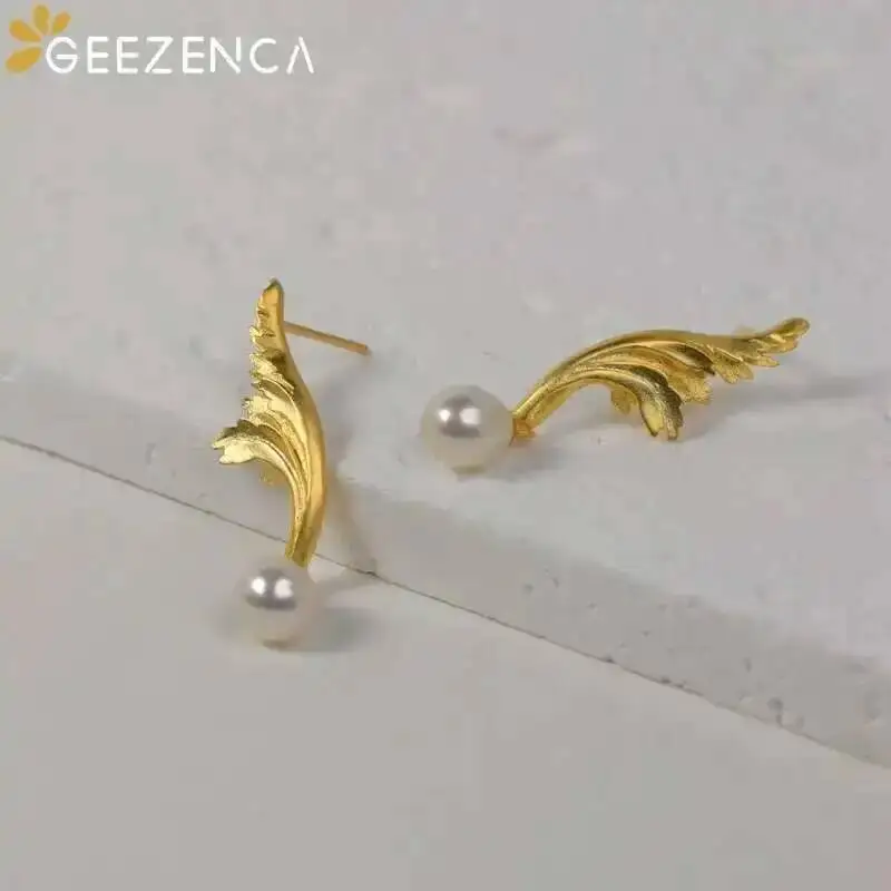 GEEZENCA 925 Sterling Silver Pearl Dangle Earrings For Women Plant Acanthus Pattern Designer Chic Unique Earring 2024 New Gift