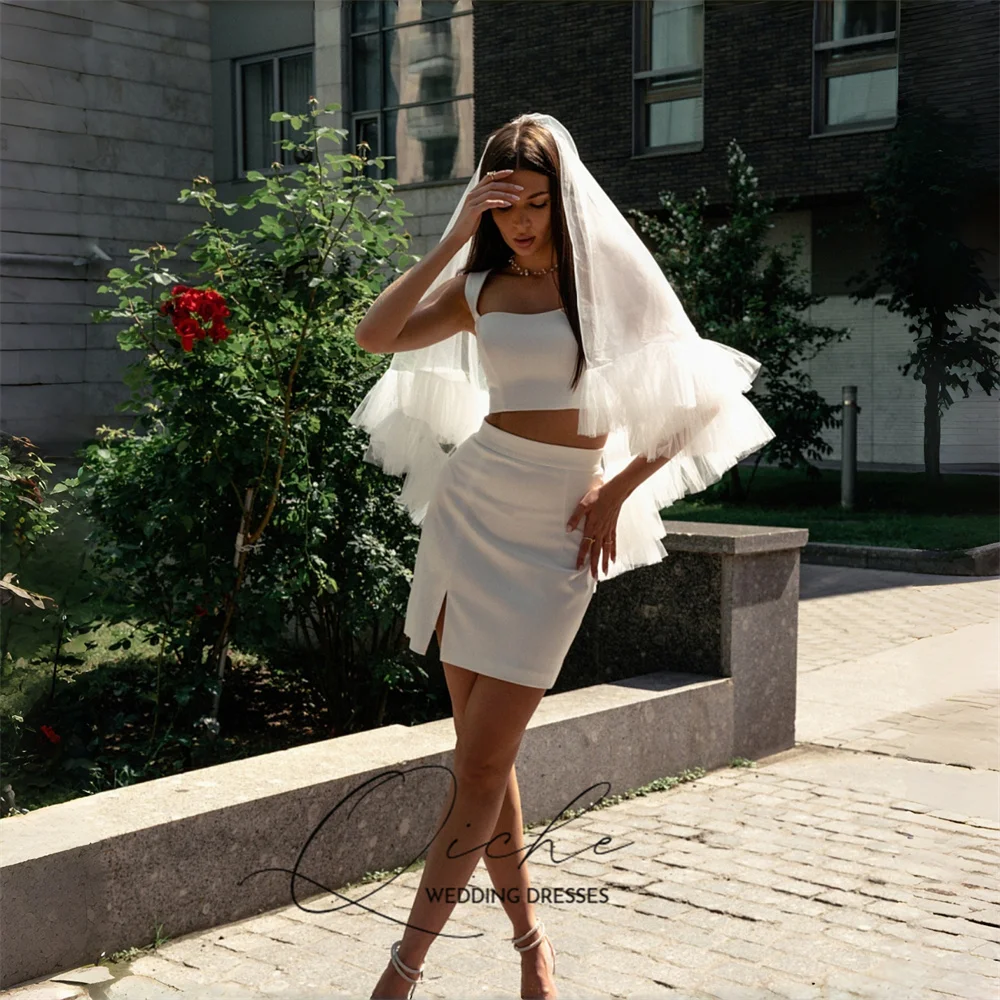 QICHE Simple Side Slit Two Pieces Spaghetti Straps Stain Wedding Dress Elegant Above Knee Sleeveless A-Line Mini Sexy Customized