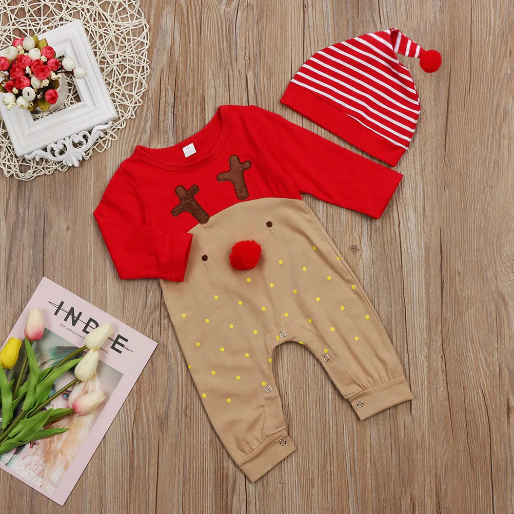 Newborn Baby Boys Girls Christmas Red Nose Cartoon Reindeer Bodysuit Stripe Hat Long Sleeve Set Suitable for 18-24 Months Xmas