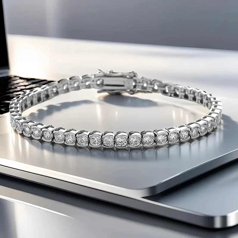 

3mm Pure Silver Half Pack Diamond Inlaid Bracelet Ins Niche Design Original Handmade Chain Simple Temperament