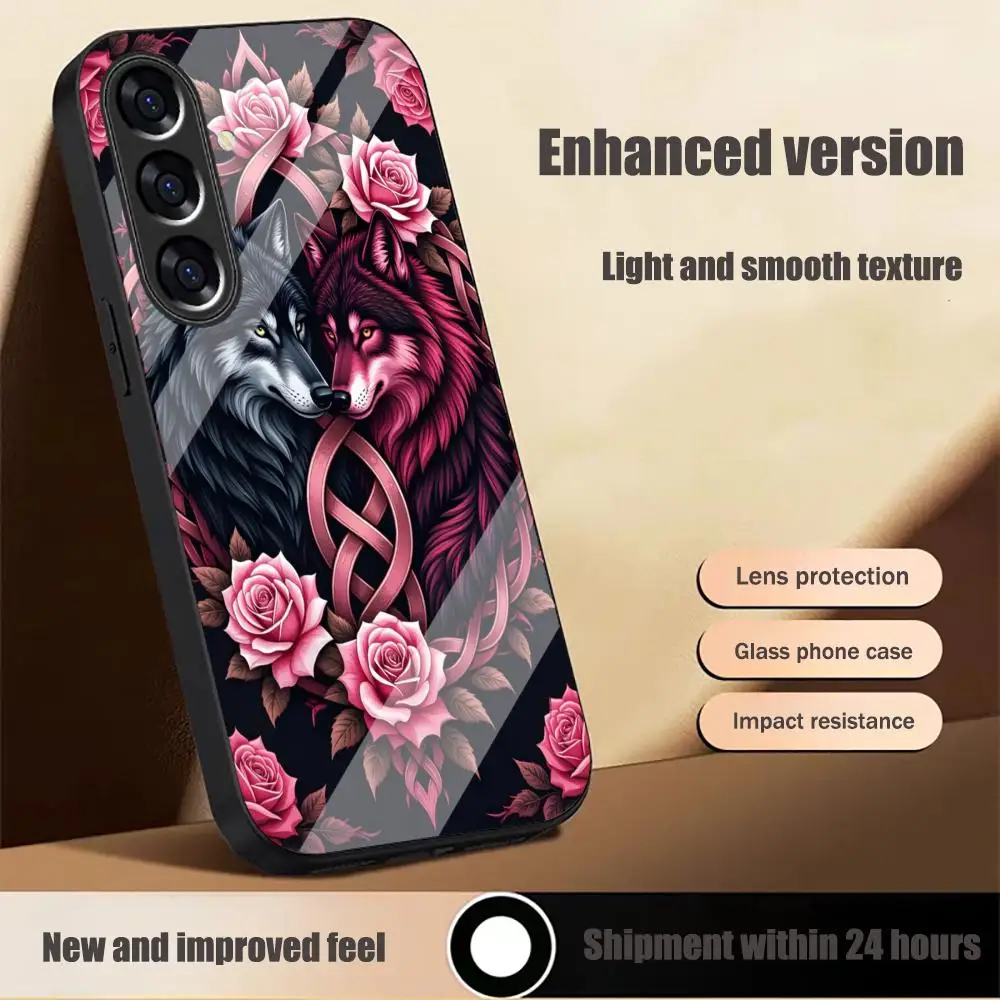 Lovers wolves pink rose TPU HD glass phone case for Samsung Galaxy S26 S25 S24 S23 S22 S21FE,Ultra,Plus Scratch Dropresistant