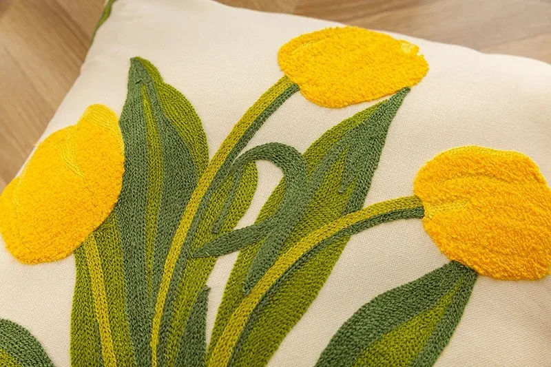 Reine Baumwolle Stickerei Tulpe Frühling Dekokissenbezüge Außenterrasse Kissenbezug Kissenbezüge Sommer Gartendekorationen Zuhause – Detail 2