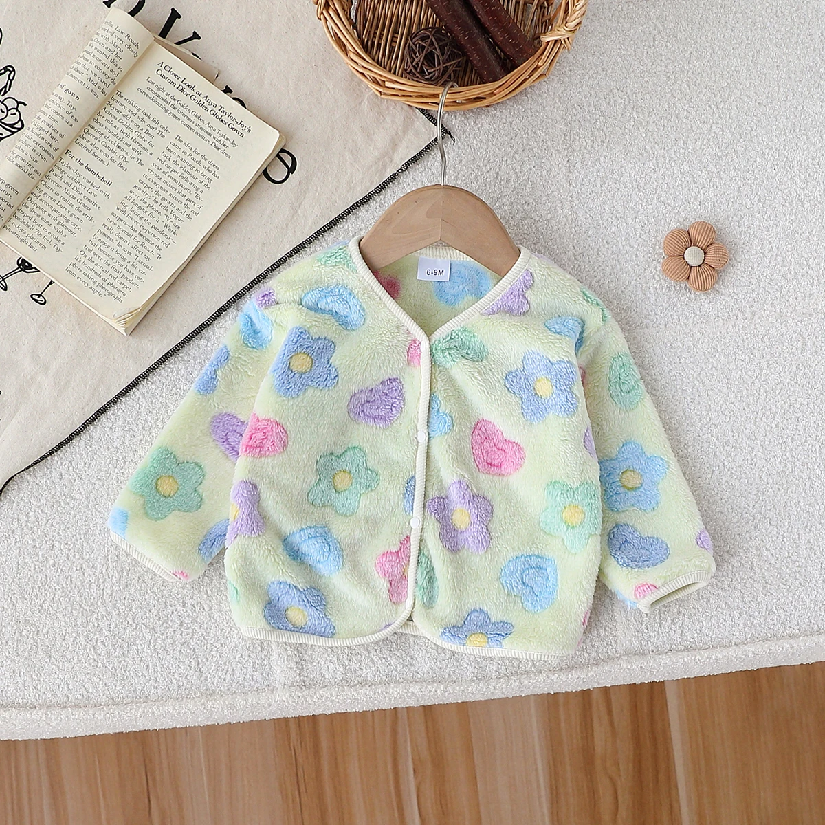 Baby Girl's Autumn Winter Plush Coat Cute Casual Colorful Flower Design Front Open Button Long Sleeve Jacket for Toddlers