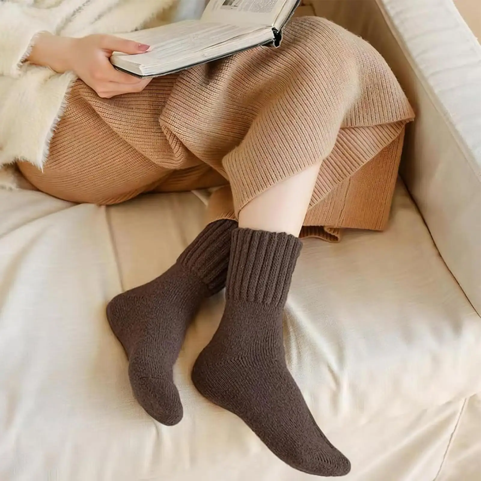 Boot Socks 5 Pair Solid Color Winter Socks Warm Slipper Crew For Women Girls Running Hiking Cold Weather Snow Walking Christmas