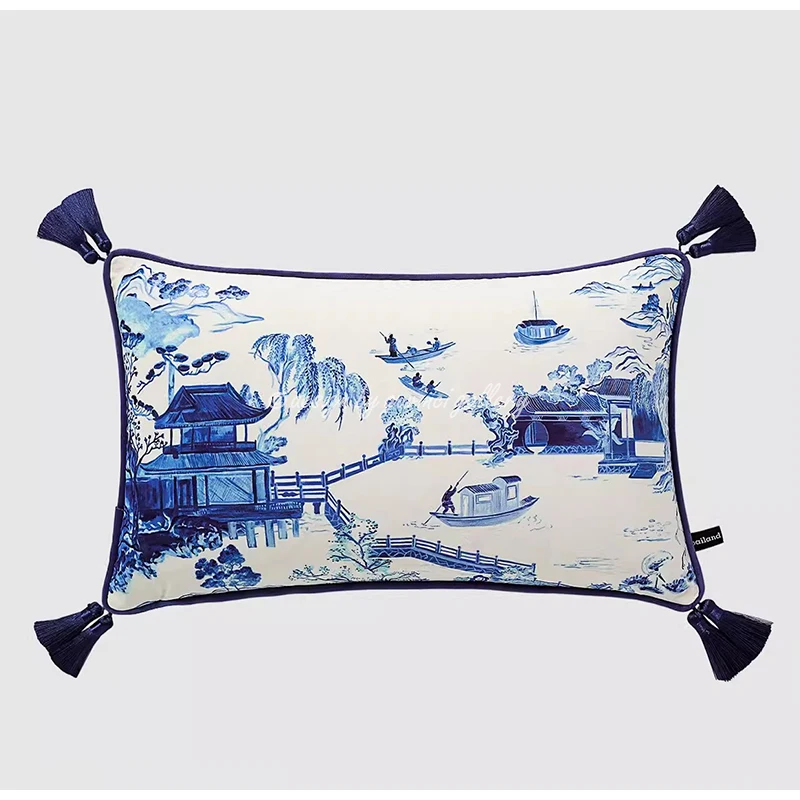 GUVINCI Oriental Style Chinese Blue Pavilion Decorative Pillow Case Ancient River Boat Serene Cushion Case For Living Room Sofa