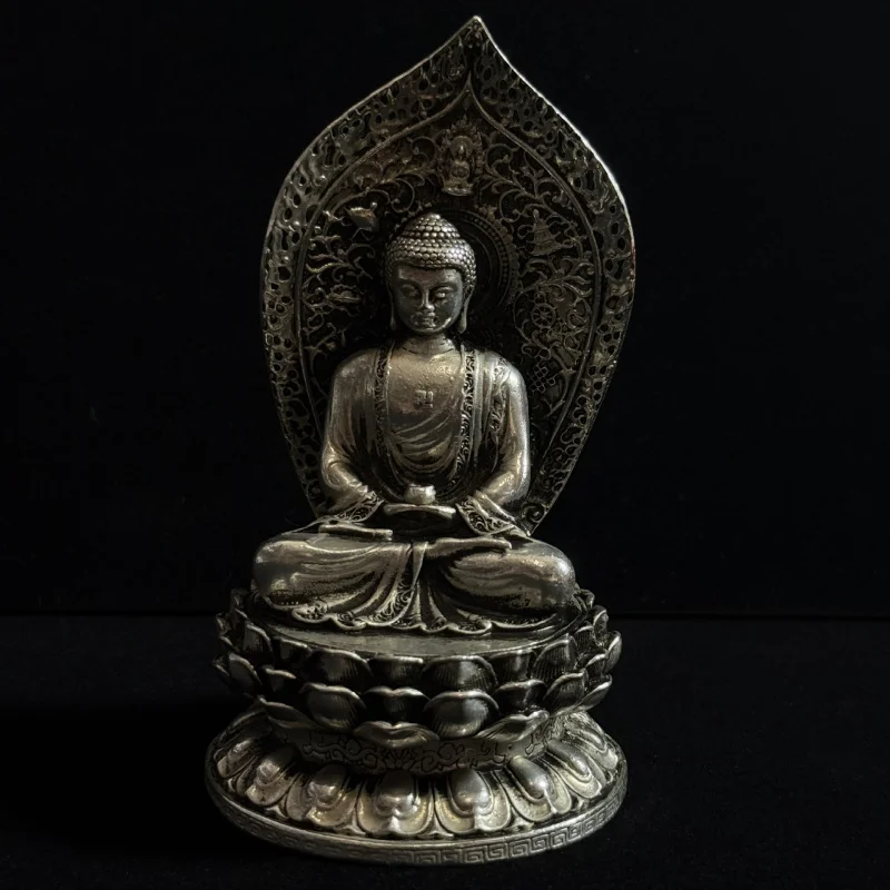 

Антикварная медная статуэтка Будды с серебряным покрытием и лотосовым сиденьем для декора гостиной, миниатюрное изделие «Манджушри»