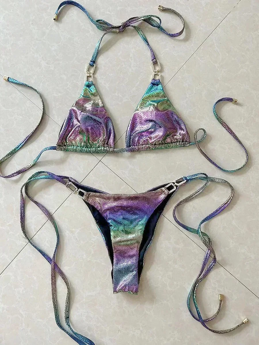 2024 Shiny Halter Rhinestone Diamond Bikini Female Swimsuit Women Swimwear Two-pieces Bikini set Micro Strappy Bathing Suit Swim