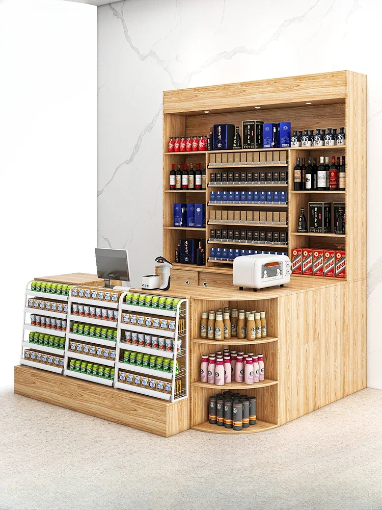 Checkout page Supermarket convenience store Tobacco and wine cabinet Solid wood Simple atmosphere Corner display rack