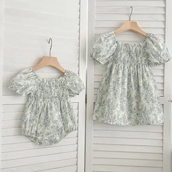 2024 New Summer Sisters Clothes Girls Princess Dress Toddler Baby Bodysuits Short Sleeved Cotton Print Kids Party Dress