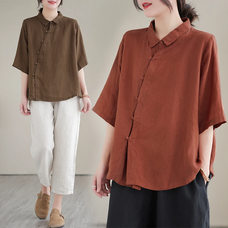 Or Sve irt – haut boutonné Vintage pour femmes d'âge moyen, décontracté, en coton et lin, vêtements de thé amples, nouvelle collection été