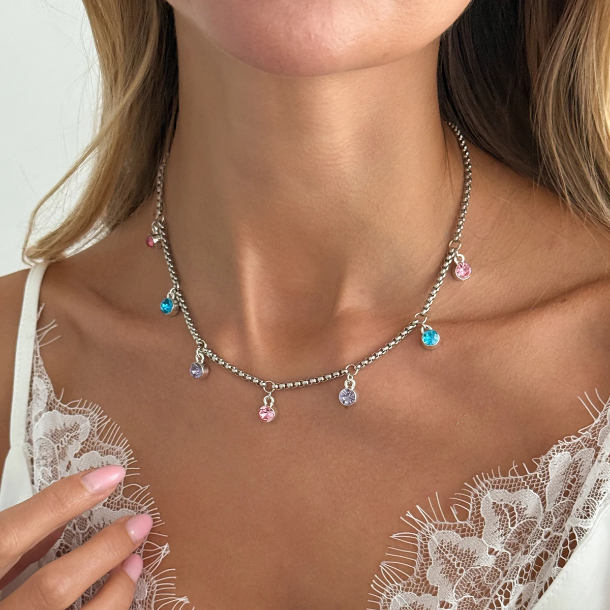 SHIXIN Elegant Mini Waterdrop Colorful Glass Rhinestone Pendant Necklaces for Women Exquisite Adjustable Choker Y2K Jewelry Gift