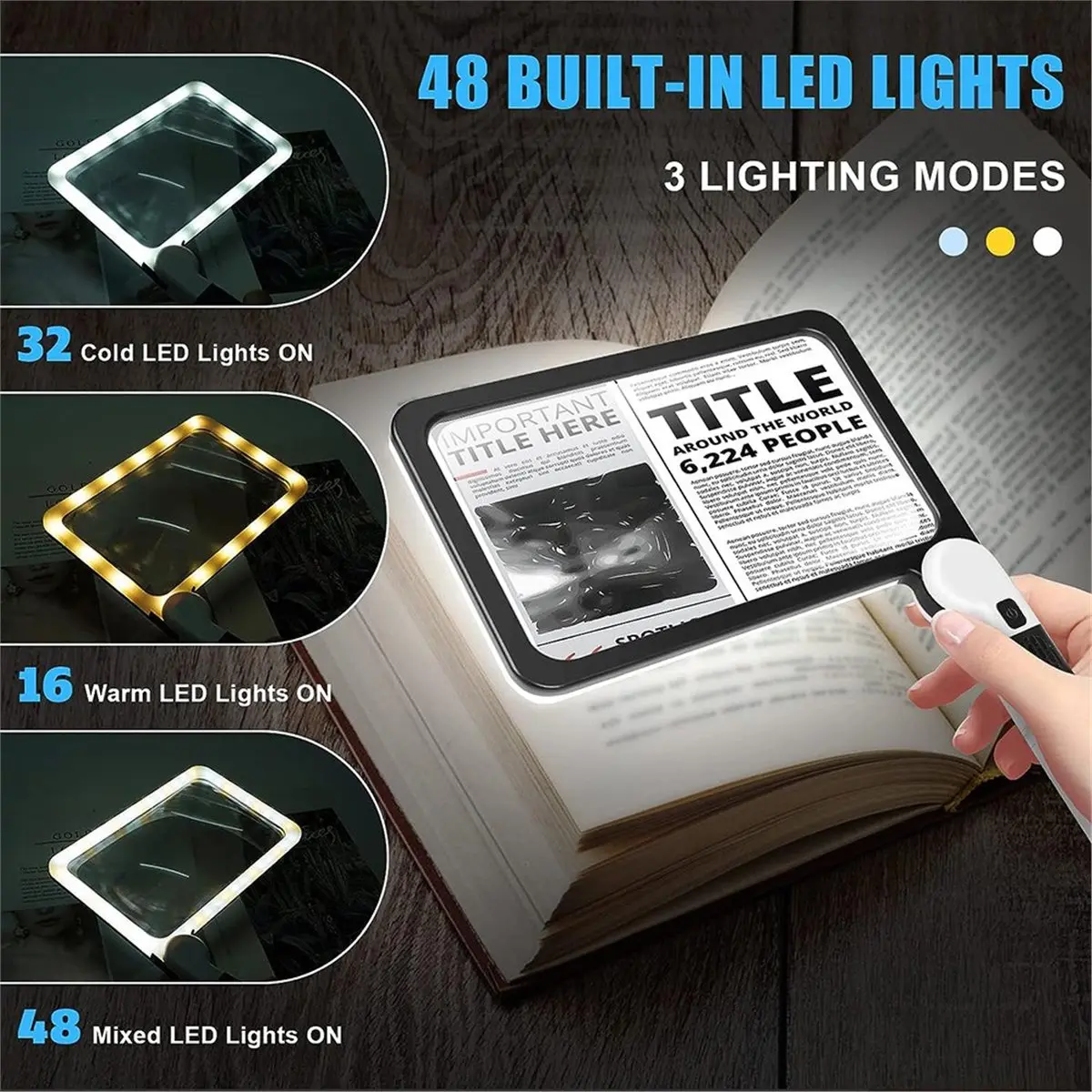 AA80 5X Magnifying Glass with 48 LED Lights Handheld Large Rectangle Reading Magnifier Dimmable