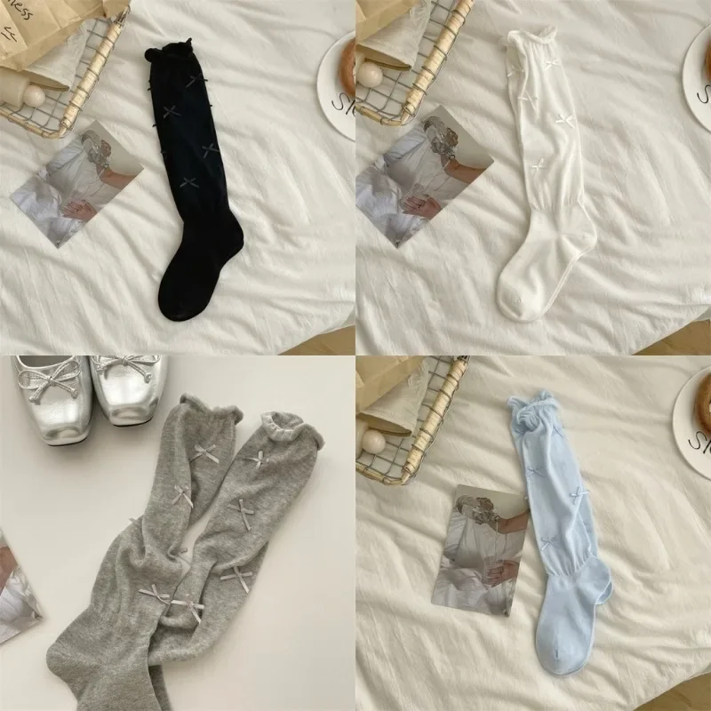 JK Lolita-Bas mi-longs en coton avec nœud papillon pour femme, chaussettes de mollet, ballet gris, doux, style ins, mi-long, désossé, confort, chaussettes hautes au genou