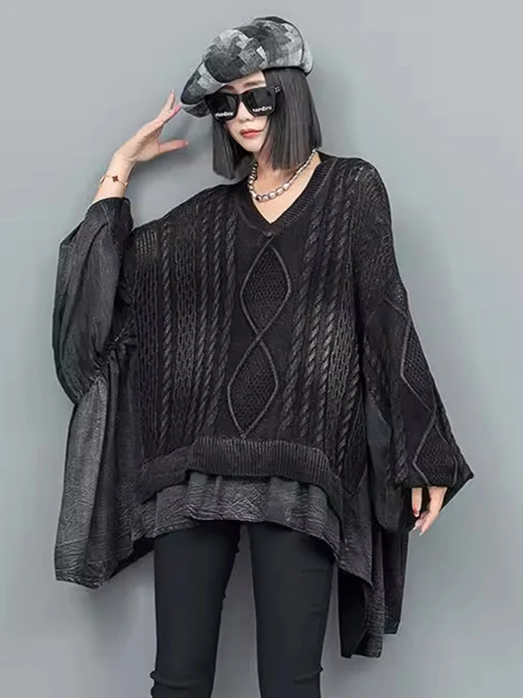 [EAM] Green Irregular Big Size Knitting Sweater V-Neck Long Sleeve Women Pullovers New Fashion Spring Autumn 2024 1DH5268