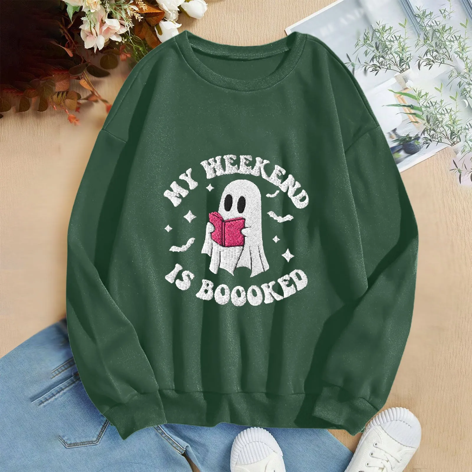 

Halloween Sweatshirts For Women Fashion Long Sleeve Crew Neck Cartoon Sweatshirts Letter Ghost Print Street Halloween Clothes