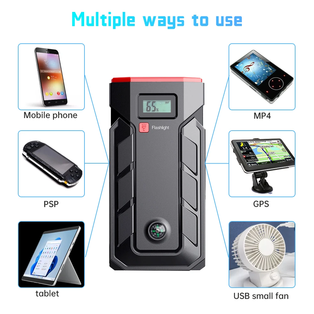 Multi-function Car Jump Starter Power Bank 12000mAh 2000A Portable Car Battery Booster Charger Starting Device with compass