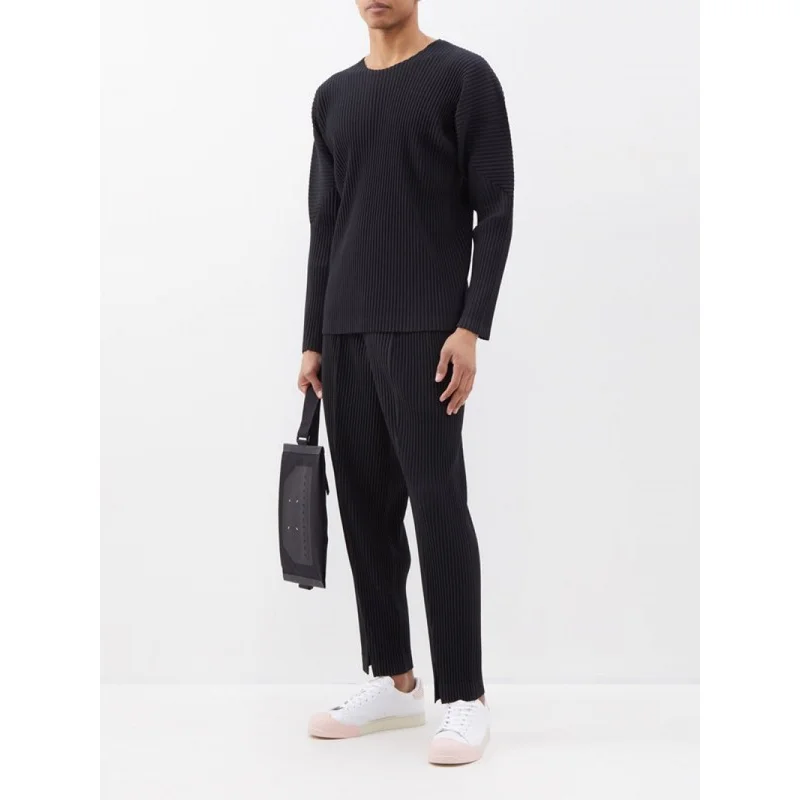 Miyake Pleated Shirt Men Long Sleeve T Shirt Casual Loose Fit Round Neck Tops Japanese Style Streetwear Breathable Pullover