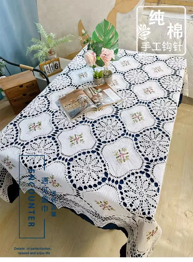 2025 free shipping crochet tablecloth with embroidery flower table coverlay ribbon flowers for home decor cotton lace towel mat