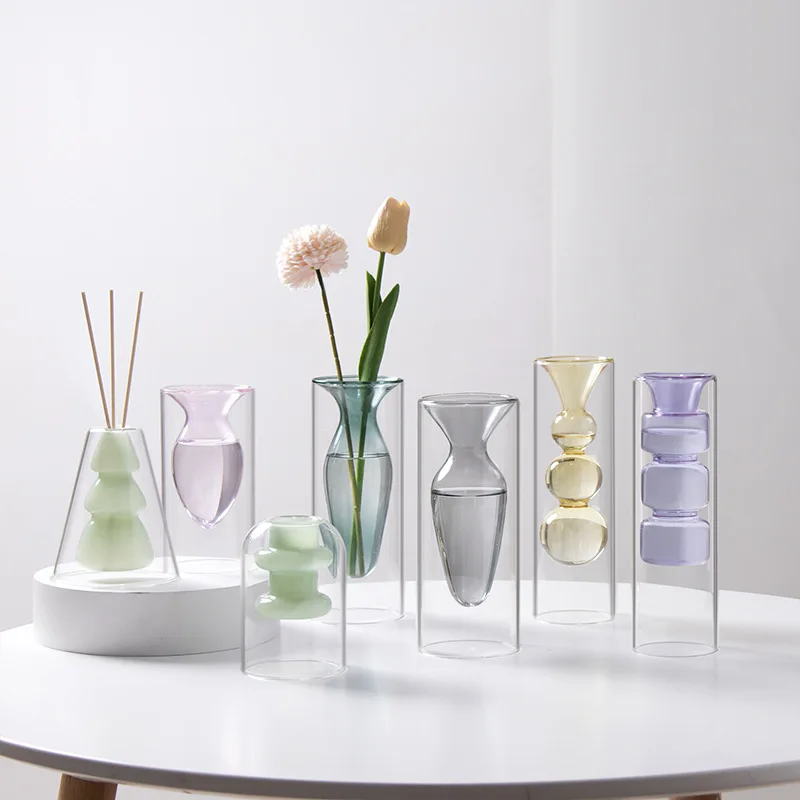 Double-layer Glass Vase. Fire-free Glass Art Aroma Diffuser Bottle. Light-colored Transparent Vase Hydroponic Flower Cultivation