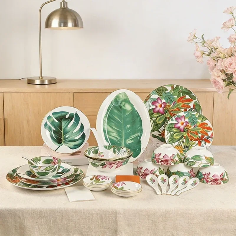 Light Luxury Tropical Rainforest Bone China Tableware Set Painted Gold Flower Dishes Household Housewarming Gift Box