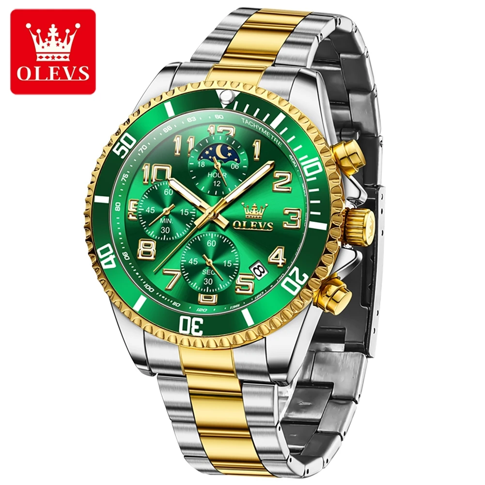 OLEVS 2926 New Green Watch for Men Original Luxury Stainless Steel Digital Dial Quartz Men\'s Wristwatches Moon Phase Chronograph