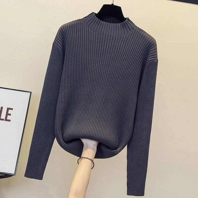 2023 Autumn Winter Thick Women Sweaters New Mock Neck Slim-fit Mid-sleeve Office Lady Strecth Solid Pullovers Female