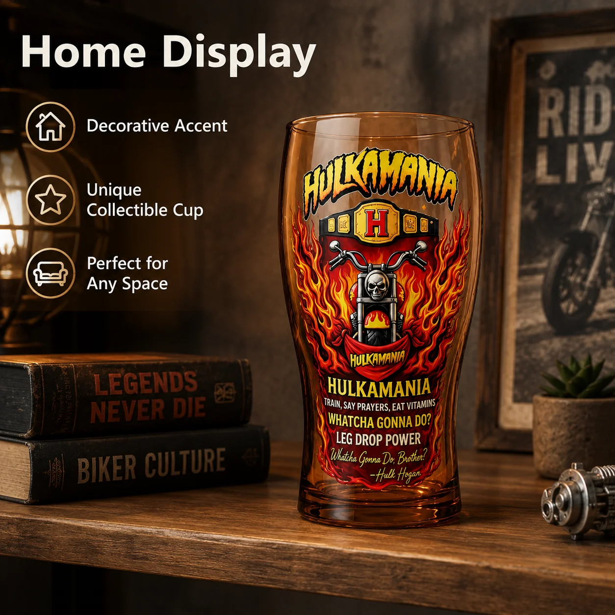Copo de Cerveja Hulk Hogan Hulkamania, Copo Colecionável para Fãs de Luta Livre com Design de Motocicleta e Chamas