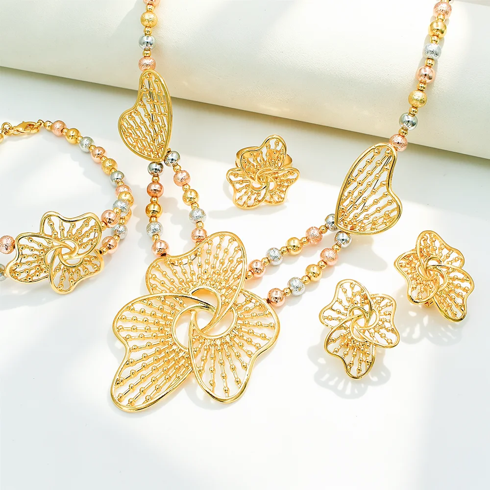 Fashion Italian Gold Plated Jewelry For Women Three-color Beads Big Necklace Set Party Banquet Jewelry Set Elegant High Quality
