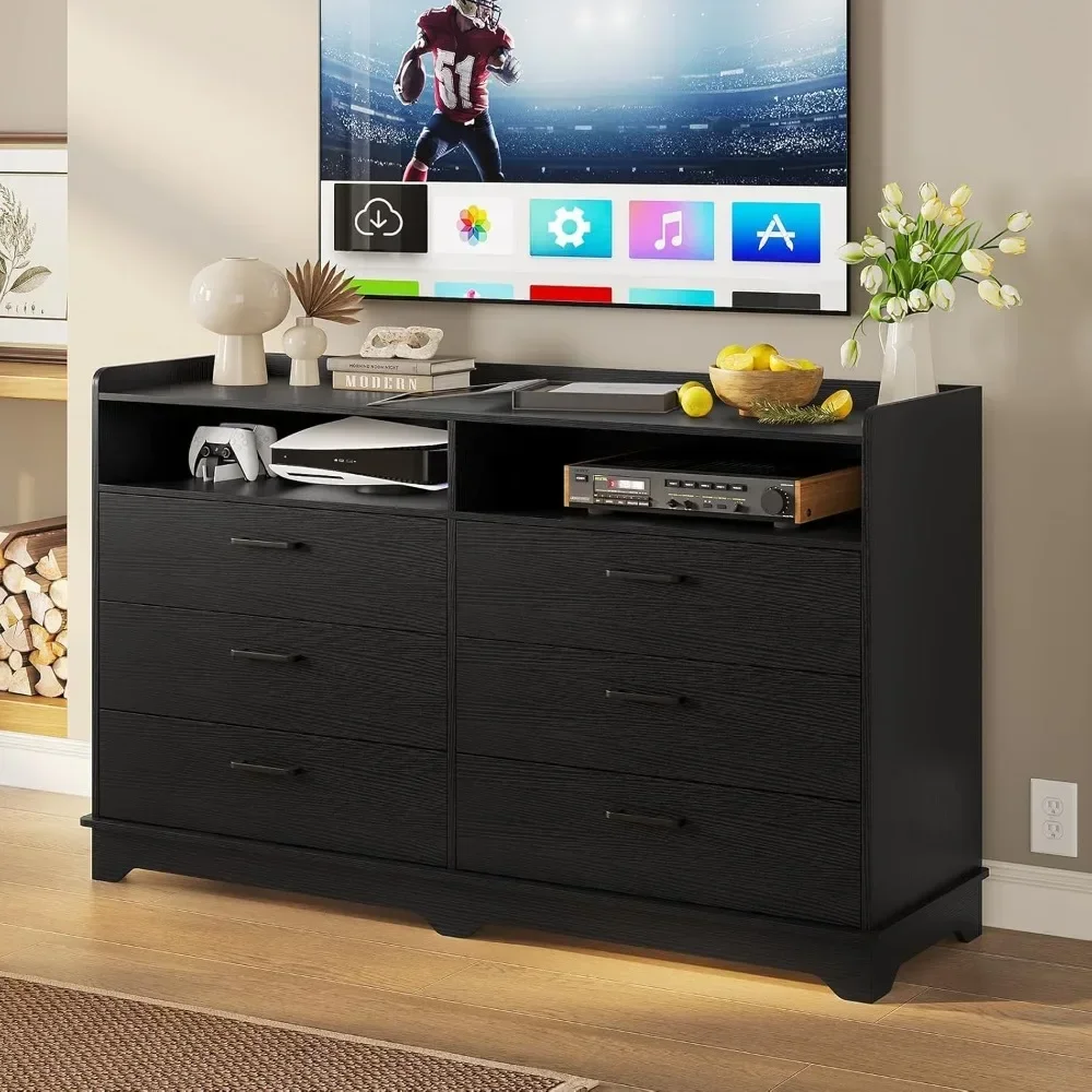 Bedroom Dresser with 6 Drawers and 2 Cubbies, Black Modern Chests of Drawers with Sturdy Pedestal