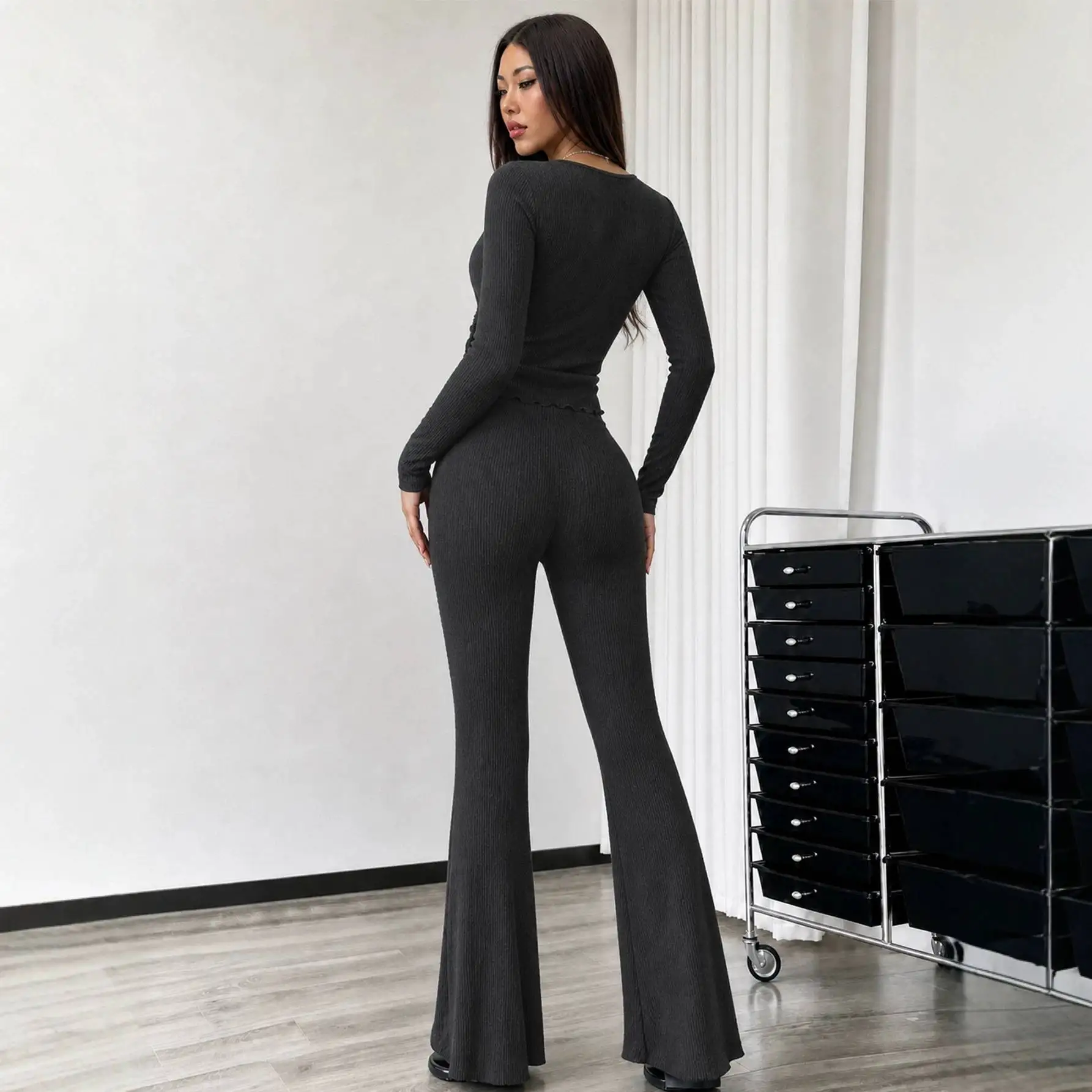 Slim Fit Long Sleeve round Neck Drawstring Top And Micro Flared Pants Two Piece Set Casual Style Four Season Universal Fashion