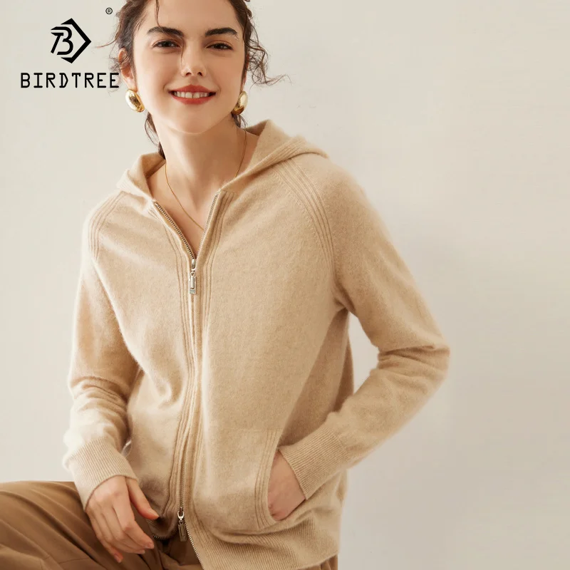 

Birdtree-Up-market Cardigans For Women, 100%Goat Cashmere, Casual Hodded Jacket, OL Sweaters, Fall Winter Knitted Coat C40318QM