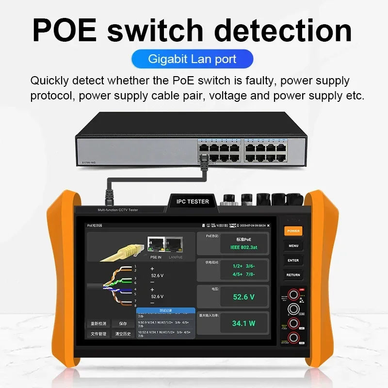 H12CLMOVTADHSEF CCTV tester 8''screen 8MP CVI/ TVI/AHD/SDI HDMI/VGA input All-in-one 8K H.265 IP Camera Tester POE++,SFP module