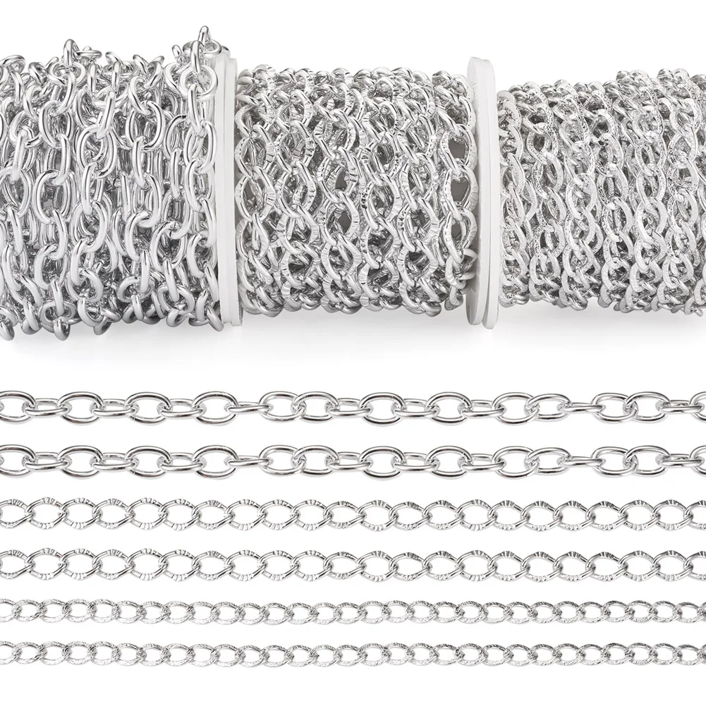 3 Rolls Aluminium Chain Cable & Textured Curb Chains Twist Chain Unwelded for Jewelry Making DIY Bracelet Necklace Bag Clothing