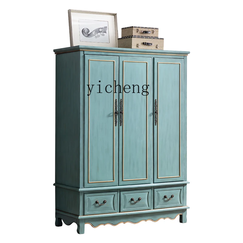 

Zk Bedroom Retro Distressed Storage Cabinet Three-Door Three-Bucket Wardrobe Mediterranean Style Wardrobe