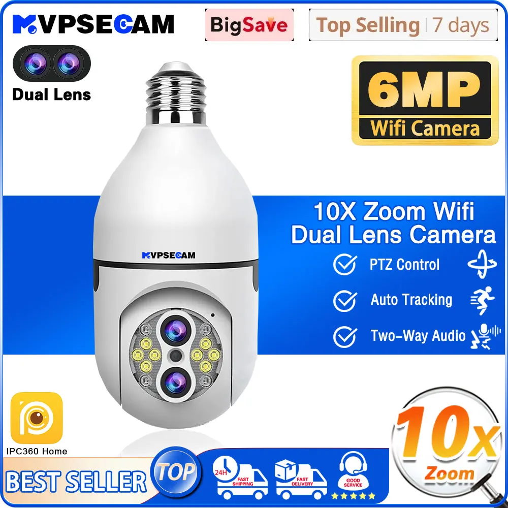 10X PTZ Zoom 6MP Dual Lens Wifi E27 Bulb Security Mini Baby Monitor Wireless Automatic Human Tracking Light Surveillance Cameras