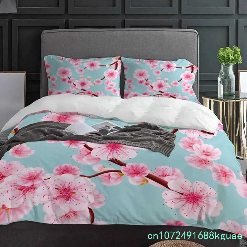 Plant Pink Cherry Blossom Art Bedding Set 3pcs Duvet Cover Pillowcase Kids Adult Quilt Cover Double Bed Set Home Textile