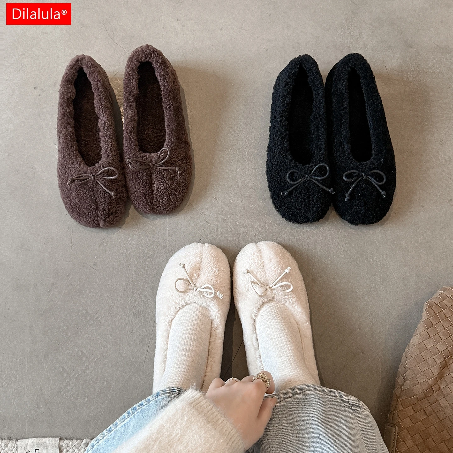 

Dilalula 2026 Newest Warm Women Wool Flats For Winter Comfort Casual Slip On Flat Heel Pumps For Lady Walk Wool Bowtie Flats