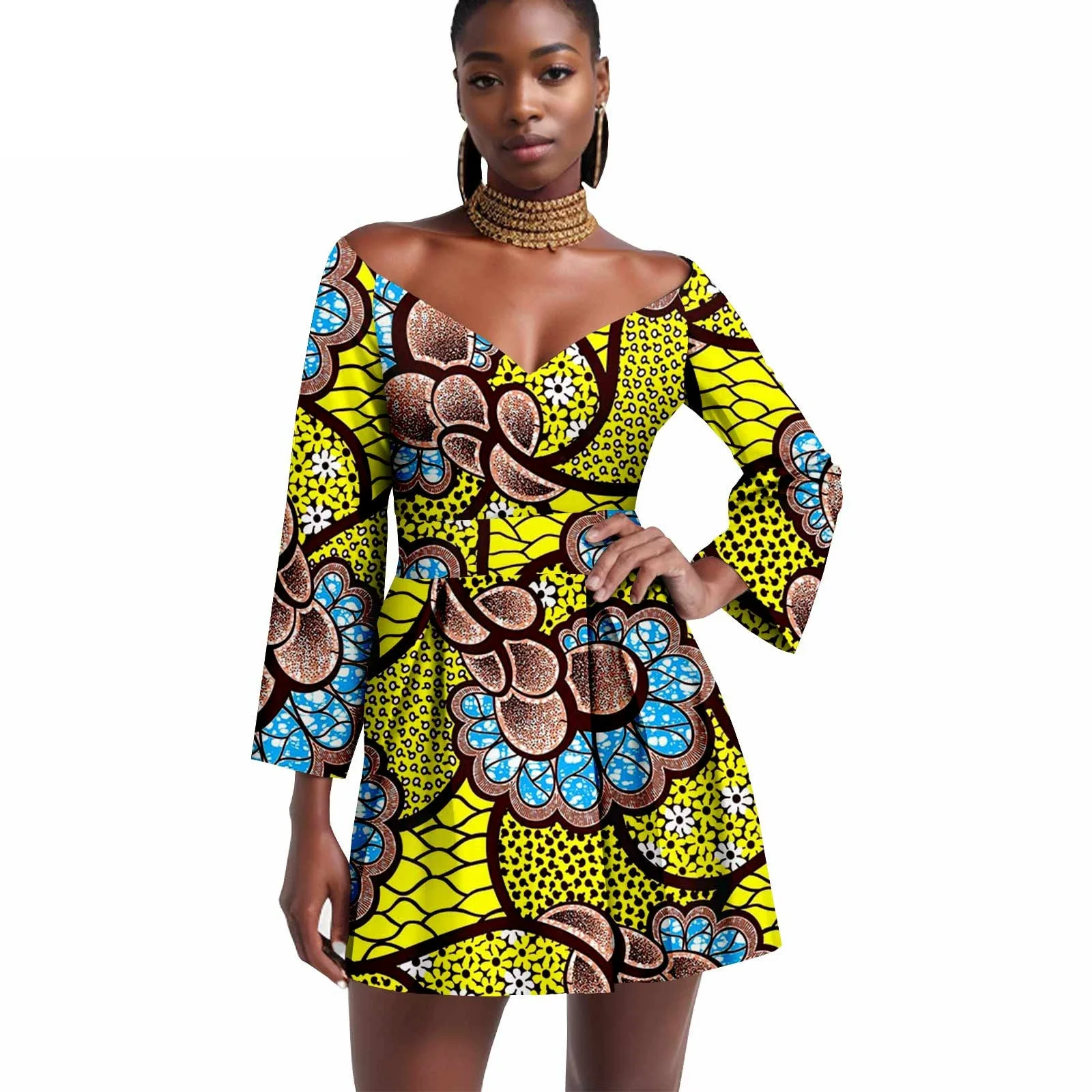 

African summer Ankara fashion short dress with one-shoulder neckline and Darcyki print, designed in African style