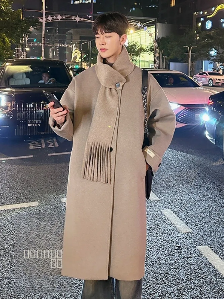 

Men's Long Over-Knee Woolen Coat Loose Fit Mid-Length Faionable Autumn Winter Korean Sle Windbreaker Warm Thermal Outerwear