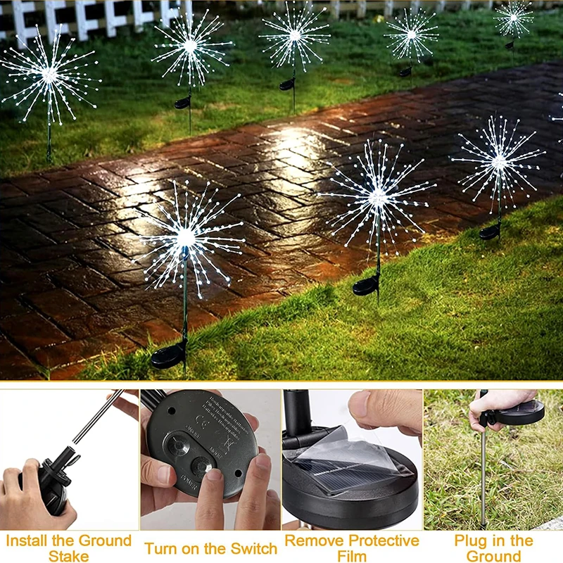 1PC LED Solar Powered Firework Light Outdoor Waterproof Garland Lamp Garden Fences Lawn Ornaments For Wedding Party Decoration