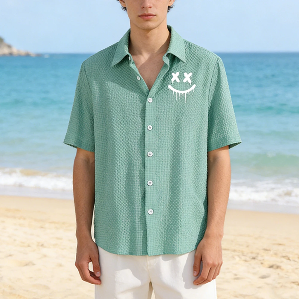 

Men's Mint Green Bubble Grid Textured Short Shirt Sleeve Casual Beach Holiday Shirt Breathable Loose Graffiti Smiley Face Print