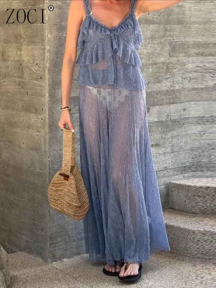 

ZOCI женские кружевные жилеты, платье, костюм, прозрачная сетка, юбки с высокой талией, костюмы, женские модные комплекты, камзол, новинка лета 2023 г.