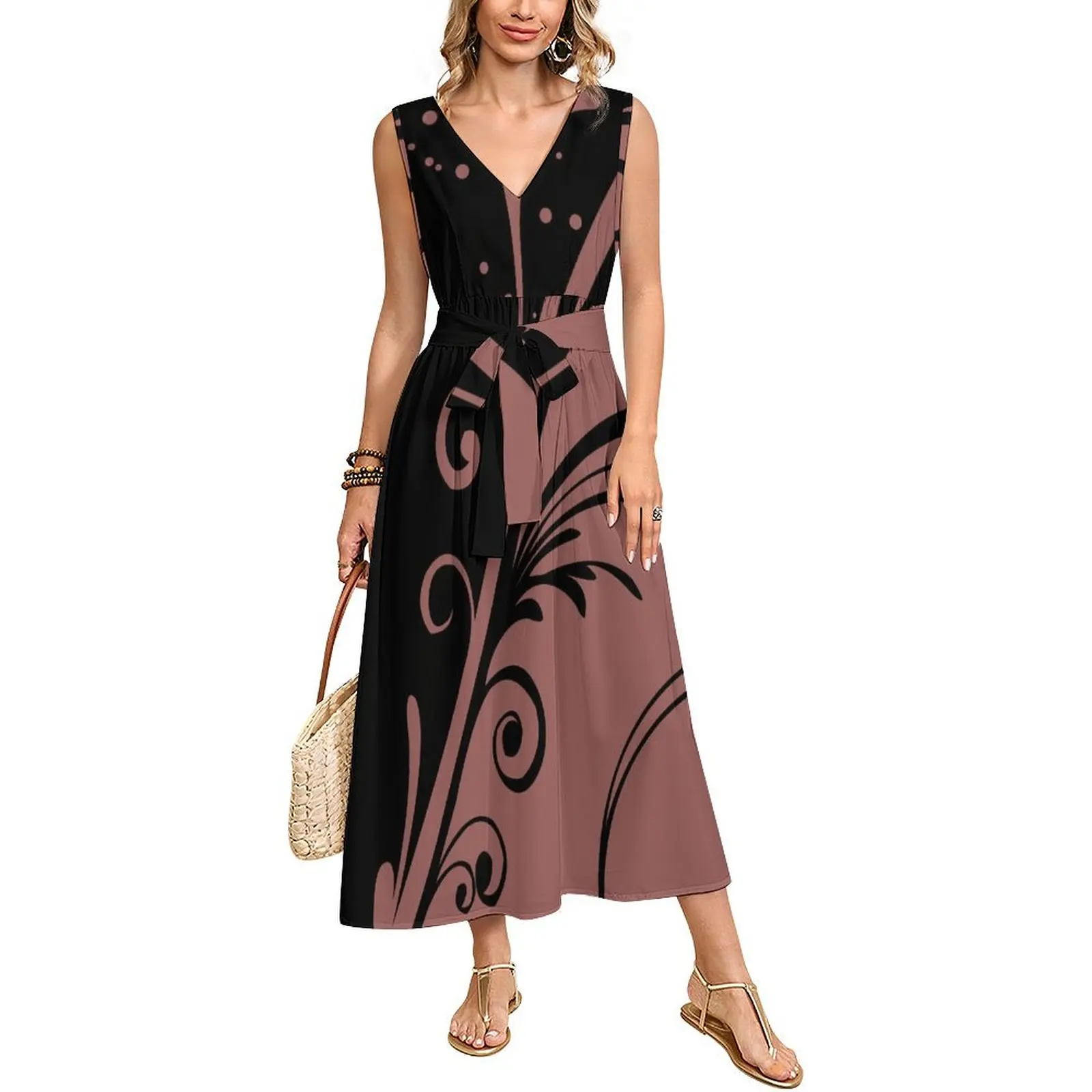 Summer Loose V-Neck Vest Sleeveless Long Cinched Waist Lace-Up Women'S Dress Custom-Made Soft Fabric From Polynesia