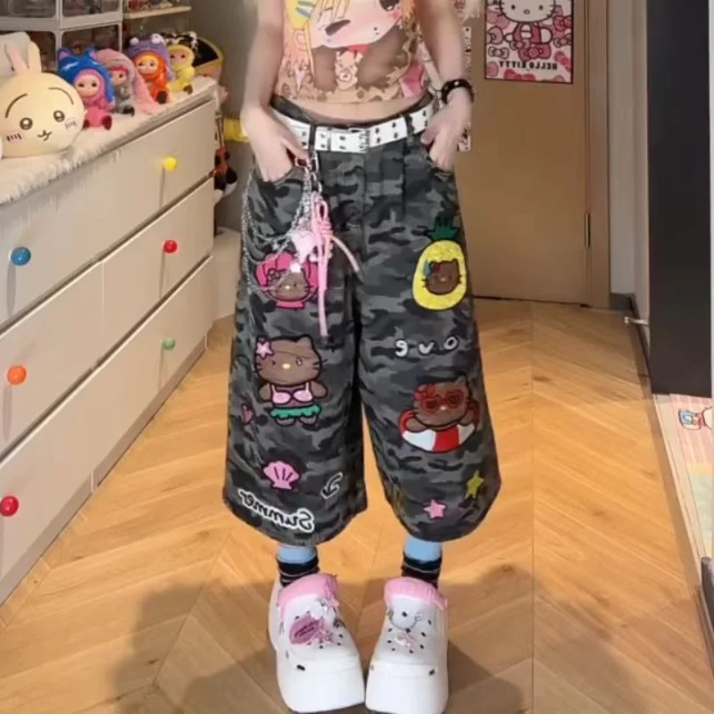 

Punk Shorts Street Casual Summer Women Hello Kitty Camouflage Harajuku Vintage High Waist Loose Y2K Wide Leg Baggy Denim Shorts